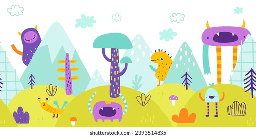 Surreal landscape panorama with colorful monsters. Abstract bottom border with strange creatures.