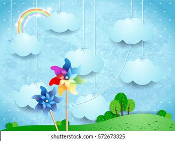 Surreal landscape with pinwheels and hanging clouds. Vector illustration