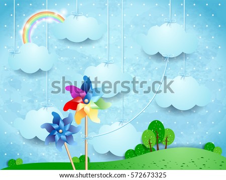 Surreal landscape with pinwheels and hanging clouds. Vector illustration
