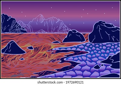 Surreal landscape, pop art vector poster with mountains and surreal ocean