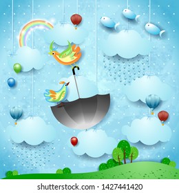 Surreal landscape with rain, flying umbrella and fishes. Vector illustration eps10