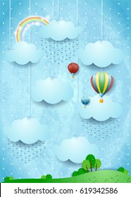 Paisaje surrealista con globos de lluvia y aire caliente, ilustración vectorial