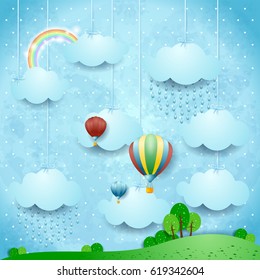 Surreal landscape with rain and hot air balloons, vector illustration