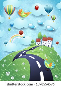 Surreal landscape with road, village and flying fishes. Vector illustration eps10