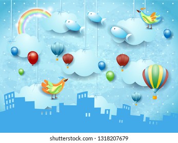 Surreal landscape with skyline, balloons, birds and flying fisches. Vector illustration eps10