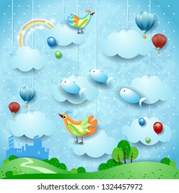 Surreal landscape with skyline, balloons, birds and flying fisches. Vector illustration eps10