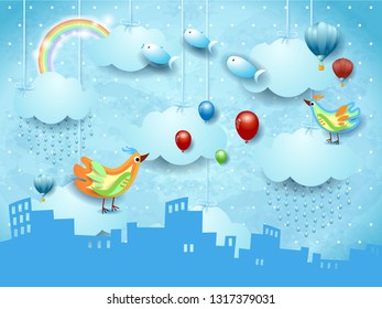 Surreal landscape with skyline, rain, ballons, birds and flying fisches. Vector illustration eps10