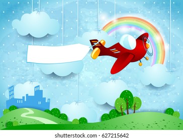 Surreal landscape with small city, airplane and banner. Vector illustration 