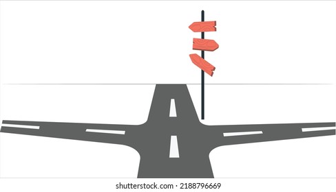 Surreal landscape with a split road and signpost arrows showing two different courses, left and right direction to choose. Road splits in distinct direction ways. Difficult decision, choice concept.