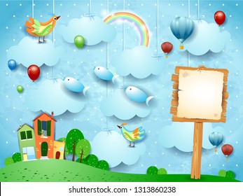 Surreal landscape with town, sign, birds and flying fisches. Vector illustration eps10