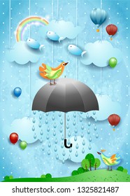 Surreal landscape with umbrella, balloons, birds and flying fisches. Vector illustration eps10