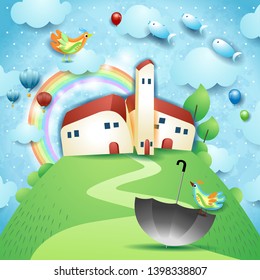 Surreal landscape with village, umbrella and flying fishes. Vector illustration eps10