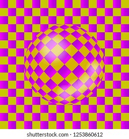 Surreal lilac and golden ball rolls along motley surface. Abstract optical illusion of the movement. Can be used as seamless pattern for postcard, textile, packing and more. Style op art. EPS10