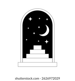 Porta e escadas da linha surreal. Abstrair as estruturas geométricas mínimas com escada, arco, lua e estrelas. Ilustração moderna do vetor esotérico boho.