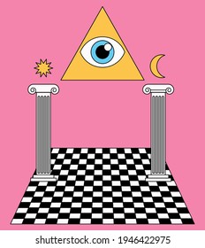 Surreal Masonic landscape with the eye of providence in a triangle and ancient columns on the checkered floor. Trendy occult psychedelic style illustration.