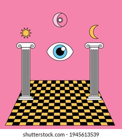 Surreal Masonic-like landscape with a checkerboard floor and ancient columns. Trendy occult psychedelic style illustration.