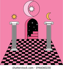 Surreal Masonic-like landscape with a checkerboard floor and ancient columns. Trendy occult psychedelic style illustration.