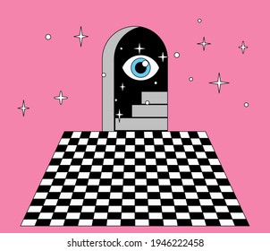 Surreal Masonic-like landscape with a checkerboard floor and a door. Trendy occult psychedelic style illustration.