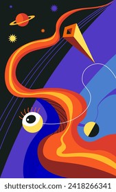 Surreal masterpiece, dreamscape with celestial bodies, all seeing eye and stars. Cosmic connection between consciousness and forces of universe. Eternal tapestry of existence. Vector in flat style