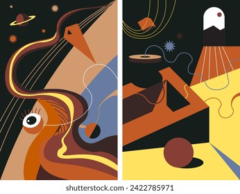 Surreal masterpiece, dreamscape with celestial bodies, eye and door to unknown. Cosmic connection between consciousness and forces of universe. Eternal tapestry of existence. Vector in flat style