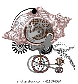 Surreal mechanical collage with gear wheels and sea shell. Vector illustration on steampunk style.