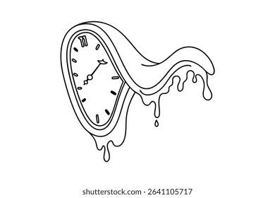 Surreal melting clock vector illustration in black and white representing time distortion and abstraction