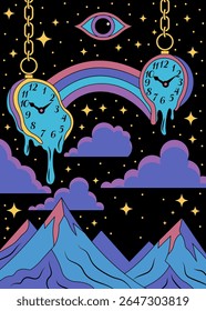 Surreal Melting Clocks with Cosmic Rainbow and Mountains Psychedelic Art