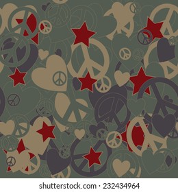 Surreal Military Camouflage Background with Love and Peace sign and Stars