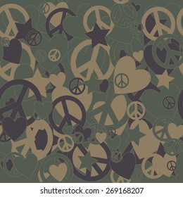 Surreal Military Camouflage Background with Love and Peace sign and Stars