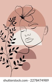 Surreal Minimalist Art. Beauty Salon logotype. Peony woman line art portrait. Flower Head Woman Line Drawing.