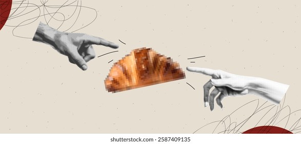 Surreal modern art collage with croissant and pixelated hands