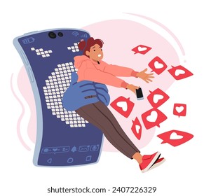 Surreal Moment, Smartphone Holds Woman, Surrounded By Floating Like Symbols. Female Character Gaze Reflects An Attempt To Reconnect With Reality In The Digital Age. Cartoon People Vector Illustration