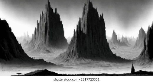 Surreal mountain landscape. Vector pixelated illustration. Pixel design. 