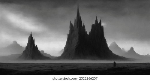 Surreal mountain landscape. Vector pixelated illustration. Pixel design. 