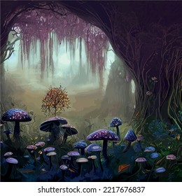 surreal mushroom landscape, fantasy wonderland landscape with mushrooms moon. vector illustration. Dreamy fantasy mushrooms in magical forest. illustration for book cover. Amazing nature landscape