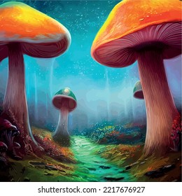 surreal mushroom landscape  fantasy wonderland landscape and mushrooms moon  vector illustration  Dreamy fantasy mushrooms in magical forest  illustration for book cover  Amazing nature landscape