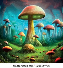 surreal mushroom landscape, fantasy wonderland landscape with mushrooms moon. vector illustration. Dreamy fantasy mushrooms in magical forest. illustration for book cover. Amazing nature landscape