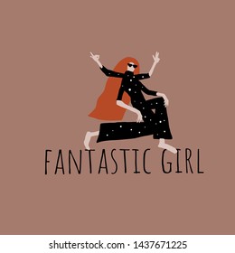 Surreal mystical girl with four hands. Slogan - fantastic girl. Flat funny cute female figure in pose. Psychedelic fantastic contemporary portrait of a woman. 
