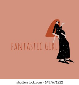 Surreal mystical pregnant woman. Flat funny cute female figure. Psychedelic fantastic contemporary portrait of a girl. 