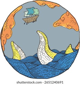 Surreal Nautical Doodle - Tentáculos surgindo do oceano

Uma ilustração feita à mão e surreal de um pequeno navio à vela enfrentando tentáculos misteriosos do mar que se erguem das ondas. Cercado por laranja 