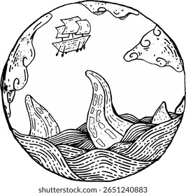 Surreal Nautical Doodle - Tentacles Rising from the Ocean (Preto e Branco)

Uma ilustração feita à mão e surreal de um pequeno navio à vela enfrentando tentáculos misteriosos do mar que se erguem das ondas. Sur