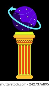 Surreal neon landscape with antique column and star planet. 90s groovy posters. Cartoon psychedelic style Posters with surreal abstract arch. Vaporwave style vector illustration.