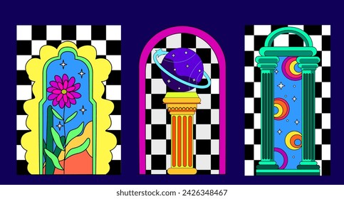 Surreal neon landscape with arch door in the starry sky. 90s groovy posters. Cartoon psychedelic styleю Posters with surreal abstract arch. Vaporwave style vector illustration.