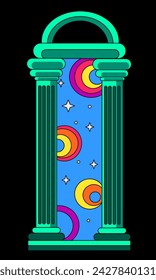 Surreal neon landscape with arch door in the starry sky. 90s groovy posters. Cartoon psychedelic style Posters with surreal abstract arch. Vaporwave style vector illustration.