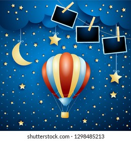 Surreal night with balloon and photo frames, vector illustration eps10