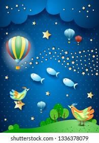 Surreal night with balloon, wave of stars, birds and flying fishes. Vector illustration eps10