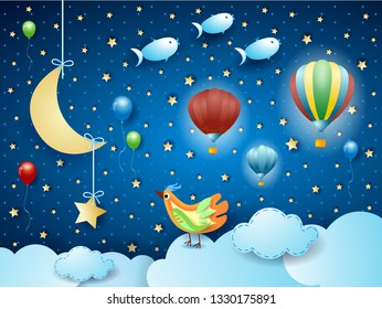 Surreal night with balloons, birds, crescent moon and flying fisches. Vector illustration eps10