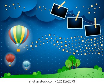 Surreal night with balloons, wave of stars and photo frames. Vector illustration eps10