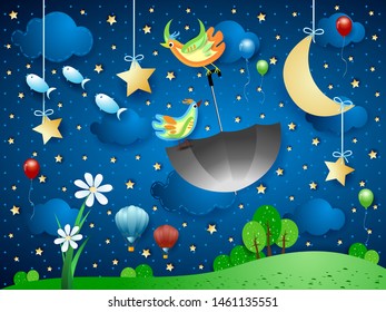 Surreal night with big flower, flying umbrella and fishes. Vector illustration eps10