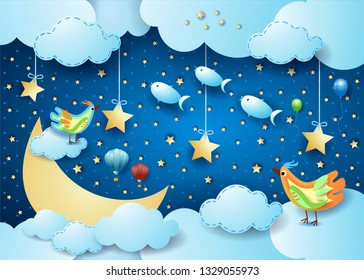 Surreal night with big moon, birds, balloons and flying fisches. Vector illustration eps10